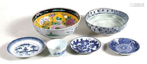 A Chinese famille rose bowl ; together with a group of Chinese blue & white ceramics.