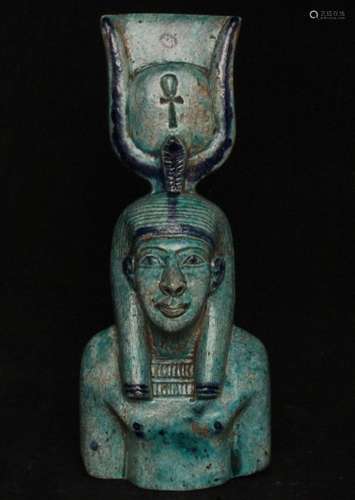 A 19th century Egyptian turquoise glazed stoneware bust, 17cms (10.5ins) high.