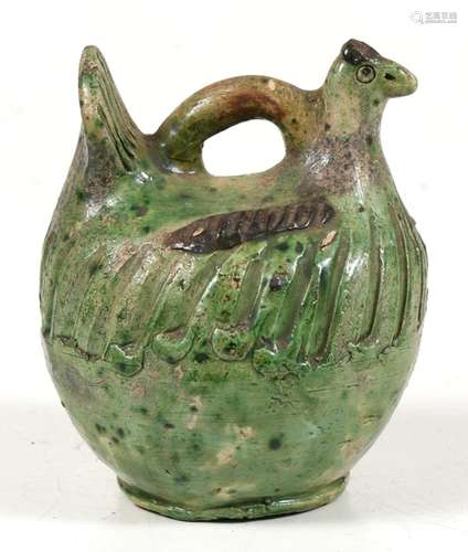 An Ottoman Empire Turkish Canakkale pottery money box in the form of a green glazed chicken, 14.5cms