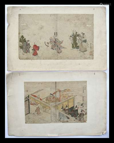 Two 17th century Japanese woodblock prints, depicting musicians and dancers. each 31 by 21cms (12.25