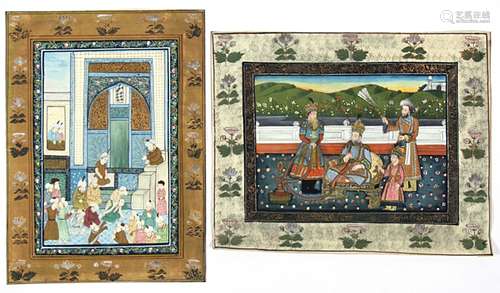 Two Indian Mogul paintings on silk depicting court scenes, unframed, 22 by 31cms (8.5 by 12.25ins)