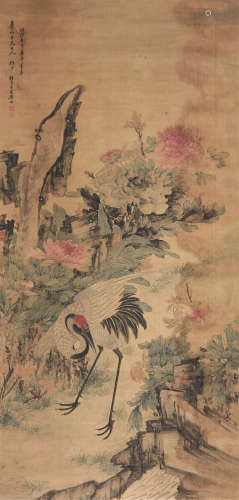王乐山 牡丹仙鹤 设色 绢本立轴
