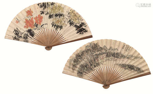 黄宾虹(1865-1955) 山居图·花卉 设色 纸本成扇