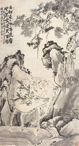 李鱓(1682-1756) 柏鹿图 设色 纸本立轴