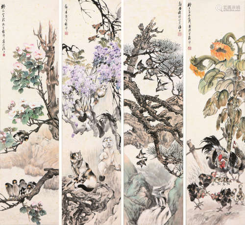 程璋(1869-1938) 花鸟四屏 设色 纸本立轴