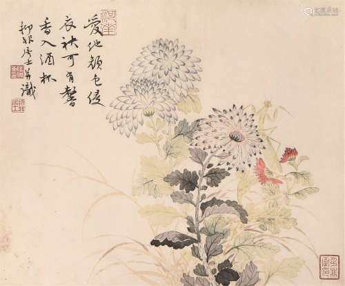 陆抑非(1908-1997) 菊花草虫 设色 纸本立轴