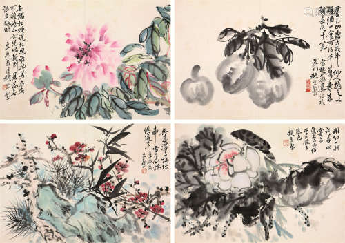 赵云壑(1874-1955) 花卉册页(8 选4) 设色 纸本册页