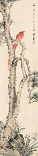 江寒汀(1903-1963) 松竹翠鸟 设色 纸本立轴