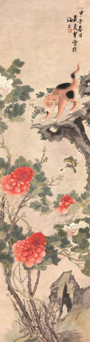 黄良宰(1888-1932) 猫蝶图 设色 纸本立轴