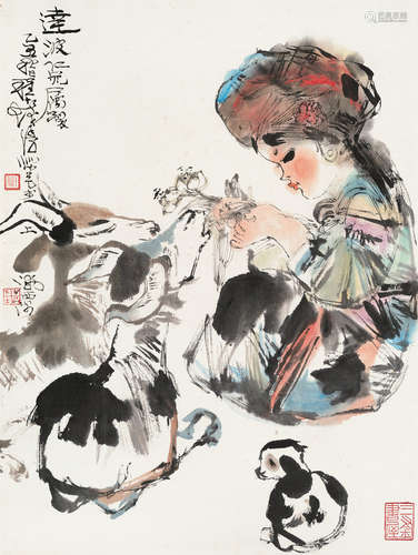 程十发（1921～2007） 少女与鹿 立轴 设色纸本