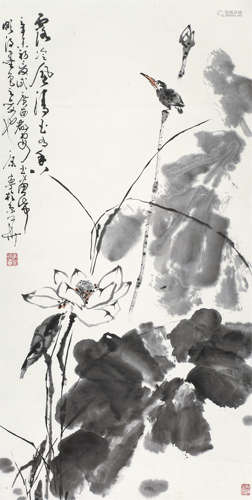 康宁（b.1938） 荷花小鸟 立轴 设色纸本