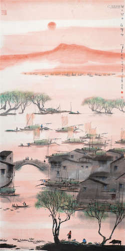 杨明义（b.1943） 湖上旭日朝辉映 立轴 设色纸本