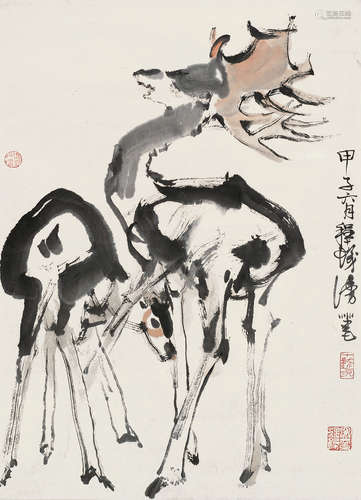 程十发（1921～2007） 双鹿 立轴 设色纸本