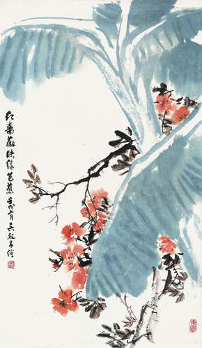 吴养木（1921～2009） 蔷薇芭蕉 立轴 设色纸本