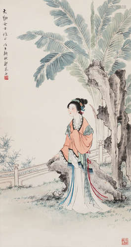 郑慕康（1901～1982） 蕉荫仕女 立轴 设色纸本