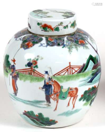 A Chinese famille vert ginger jar and cover decorated a procession with six character blue mark to