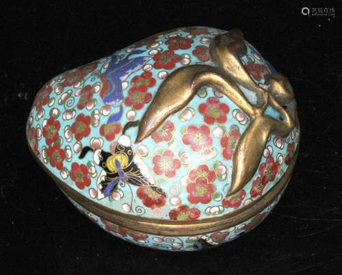 A Chinese cloisonne enamel & gilt brass box in the form of a peach, decorated with flowers &