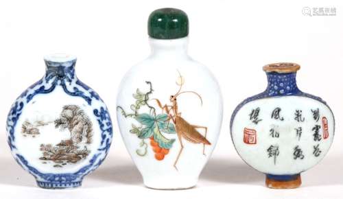 Three Chinese snuff bottles, one decorated insects and fruit 7cm (2.75) high, one decorated