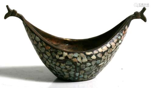 A Persian kashkul or beggar's bowl, 13cms (5.1ins) wide; together with an Indian brass fifty five
