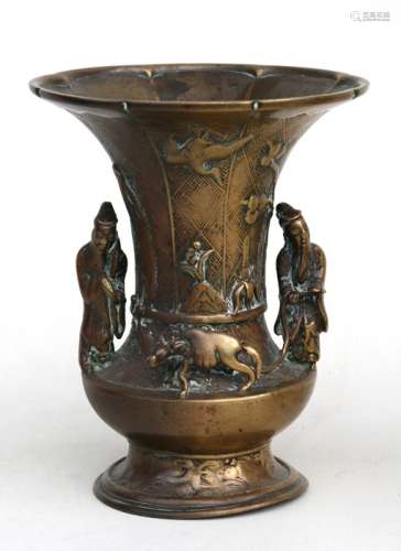 A Chinese Ming bronze Gu vase decorated with figures and a water buffalo, 17.7cms (7ins) high.