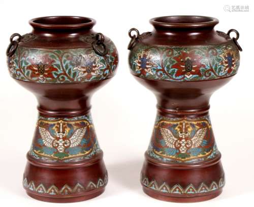 A pair of 19th century Japanese bronze & cloisonne enamel vases decorated with phoenix and scrolling