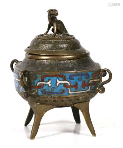 A 19th century Chinese bronze & cloisonne enamel censer with fo dog finial, on four splayed legs,