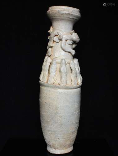 A Chinese Song Dynasty Longquan celadon vase decorated with applied figures and a dragon, 37.5cms (