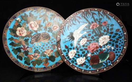 Two Japanese Meiji period cloisonne chargers decorated with birds and flowers on a blue ground,