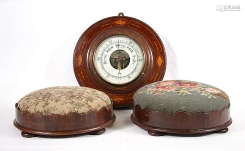 A pair of Victorian mahogany footstools; together with an Edwardian mahogany cased barometer (3).