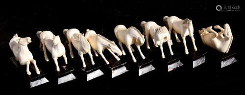 A group of eight early 20th century Chinese ivory Horses of Wang Mu, each approx. 7cms (2.75ins)