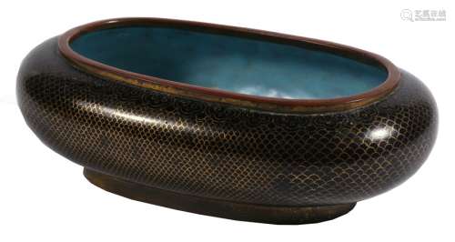 A Chinese cloisonne bowl with fish scale decoration on a black ground, 20cms (8ins) wide.