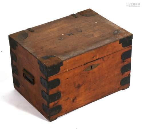 A small metal bound pine box, 46cms (18ins) wide.