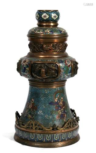 A large 19th century Chinese gilt bronze & cloisonne altar stand decorated with figures and