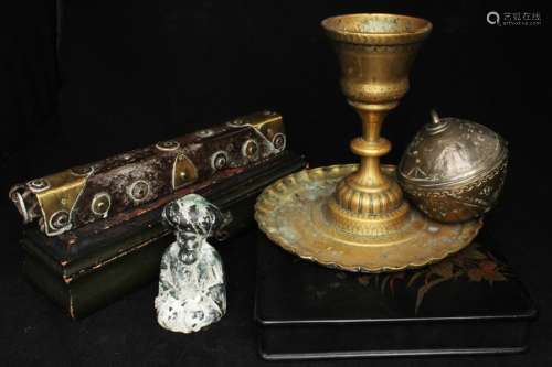 An Eastern brass incense burner; together with a Paktong box; a bronze figure of a seated Sultan;