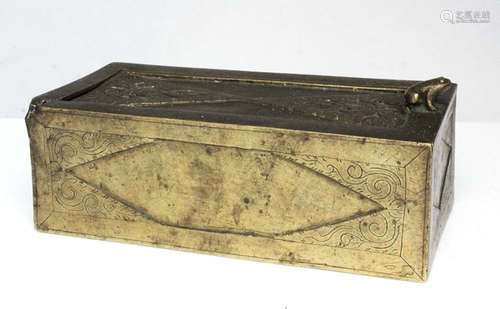 A China Straights bronze betel nut box with engraved decoration, the sliding lid with frog handle,