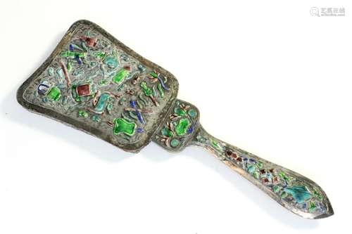 A Chinese white metal and enamel hand mirror decorated with flowers and precious objects, 26cms (