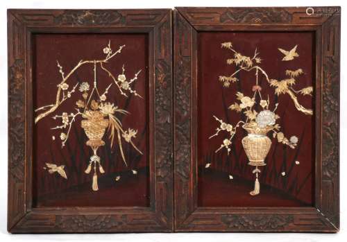A pair of late 19th century Japanese shibayama lacquered panels depicting hanging vases and birds,