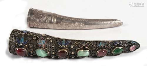 A Chinese silver gilt and enamel fingernail set with jade, tourmaline and other semi precious
