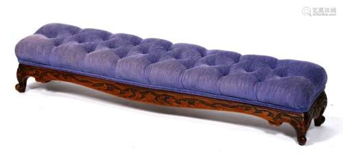 A Victorian mahogany hearth foot stool with sloping blue button upholstered top, 117cm (46 ins)