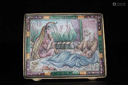 A Persian enamelled cigarette case, decorated with a scholar and musician on one side and birds in