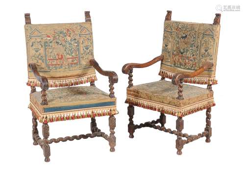 A pair of Continental walnut open armchairs, late 17th century