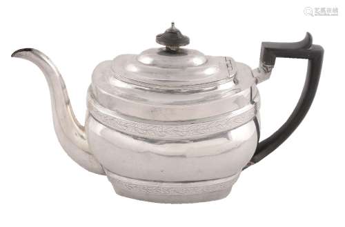 A George III silver oblong baluster tea pot by Solomon Hougham, London 1804