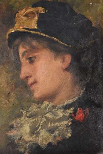 Attributed to Luigi Fabron (Italian 1855-1905)Portrait of a girl in a hat