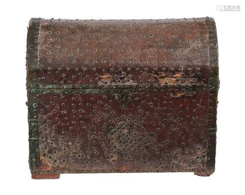 A Spanish leather faced and brass studded coffer, late 18th/early 19th century