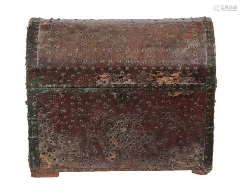 A Spanish leather faced and brass studded coffer, late 18th/early 19th century