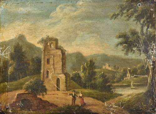 Continental School (19th century)River landscape with figures in the foreground
