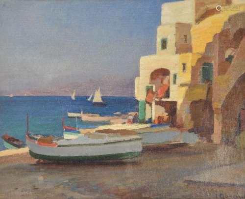Italian School (20th century)Boats and houses by a harbour