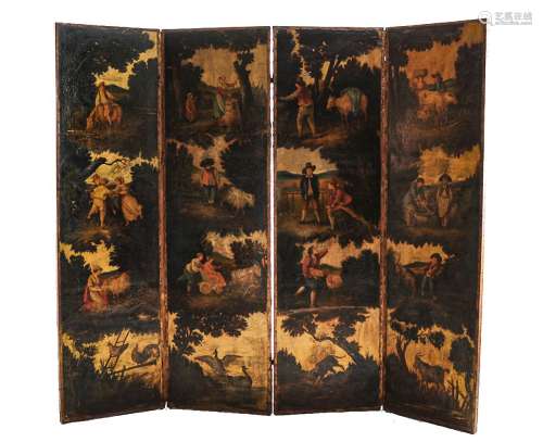 A Continental painted leather four fold screen, 19th century and later remounted