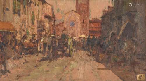 Italian School (20th century)Donkey and cart in a market square