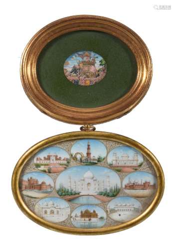 ϒ An Indian oval miniature, with views of the Taj Mahal